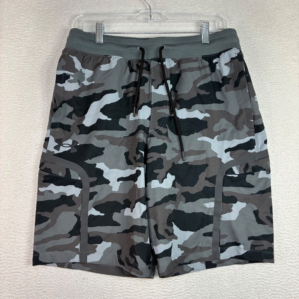 Under Armour Sportstyle Elite Cargo Shorts Men L Gray Camo Drawstring Stretch